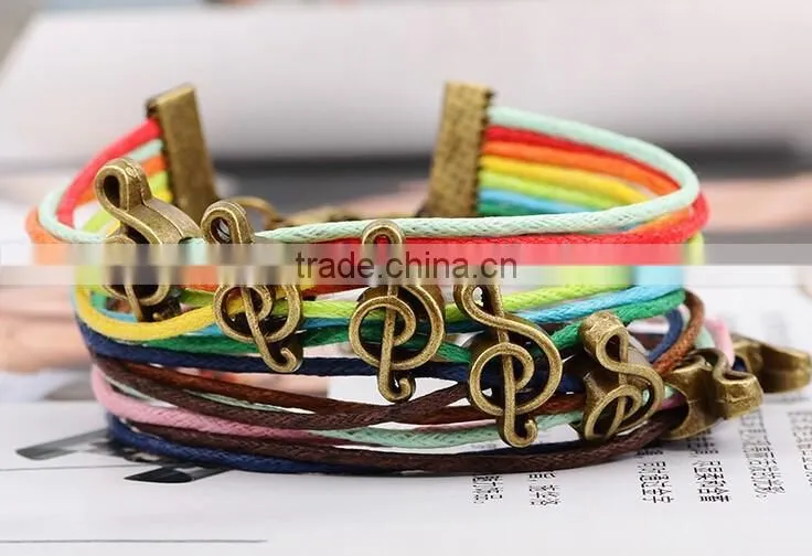 2016 Colourful multilayer rope bracelet with antique bronze bear charms