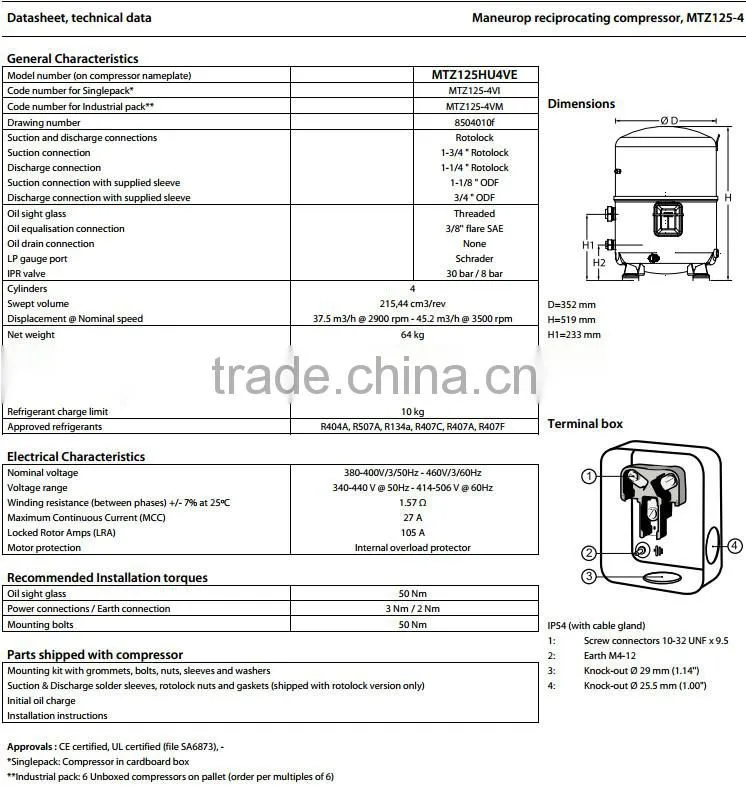 (MTZ125-4VM)Maneurop Reciprocating Compressor MT and MTZ Compressors