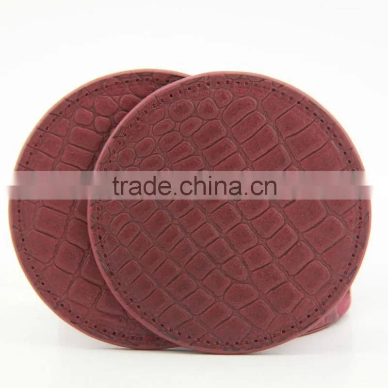 Red crocodile PU leather round cup coasters