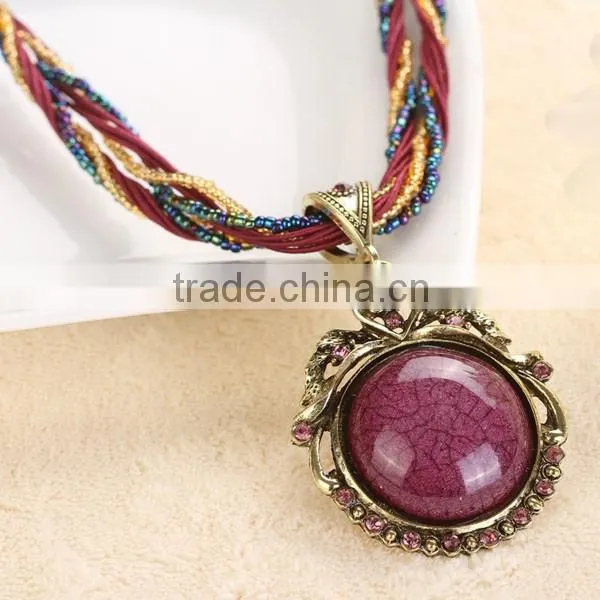 Bohemian Style Vintage Heart Design Round Stone Necklace