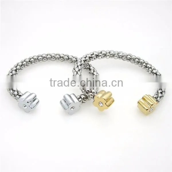Trendy Women Two Tone Stainless Steel Cuff Bracelet Crystal Flower Bangle Jewelry