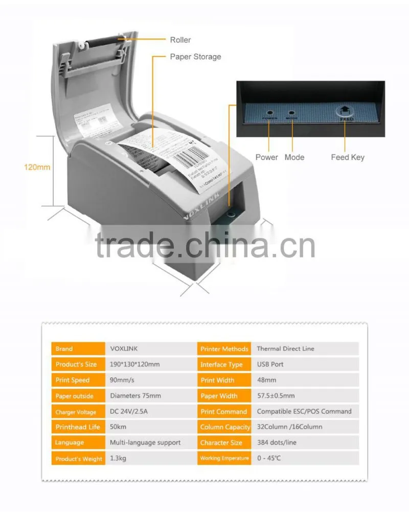 Voxlink USB port interface receipt printer 58mm label printer For restaurant supermarket,white