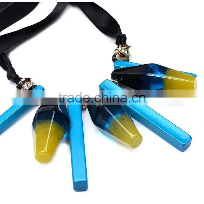 Europe America new design exaggerated geometric acrylic pendant necklace adjustable silk ribbon necklace