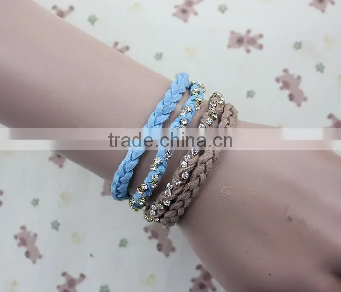 rhinestone chain suede leather braided layered bracelet double strand velvet leather handwoven bracelet