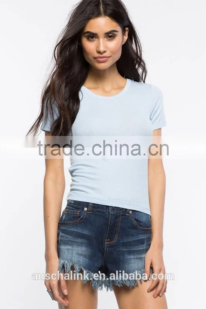 OEM service women cheap ribbed knit plain slim fit t shirt