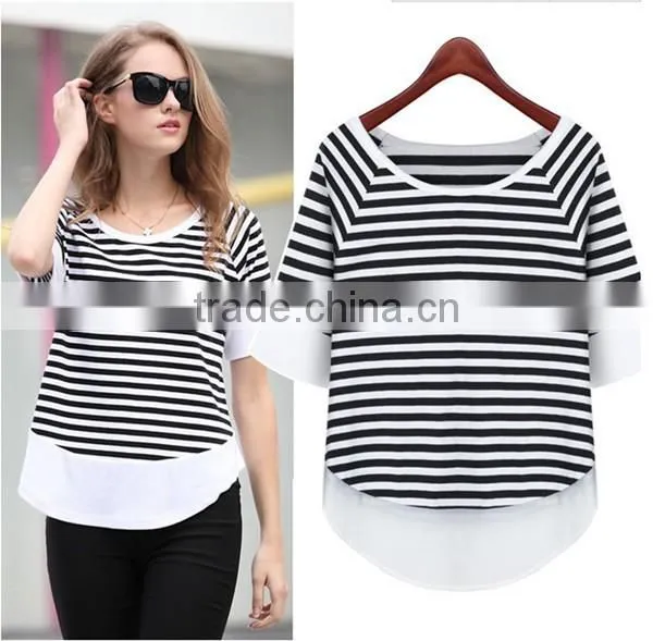 Summer simple latest fashion women Black and white striped lady shirt chiffon fabric chiffon blouse
