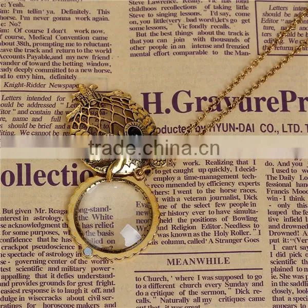Tone Antique Gold Round Halloween Owl 5X Magnifying Glass Necklace