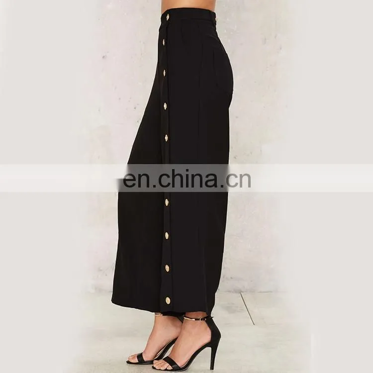 Wide Leg Palazzo Women's Pants with gold button closure
