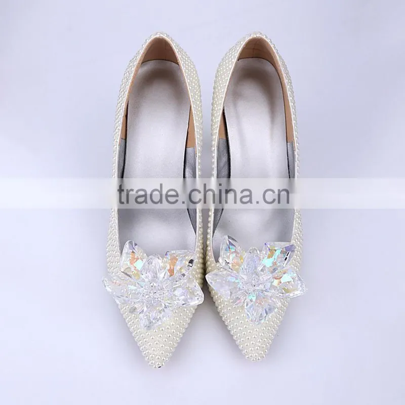White Pearl Hand Made Wedding High Heel Shoes Most Luxurious Cinderella Dress Shoes High Heels