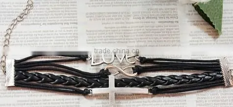 >>New arrival Christian LOVE cross infinity leather bracelet/