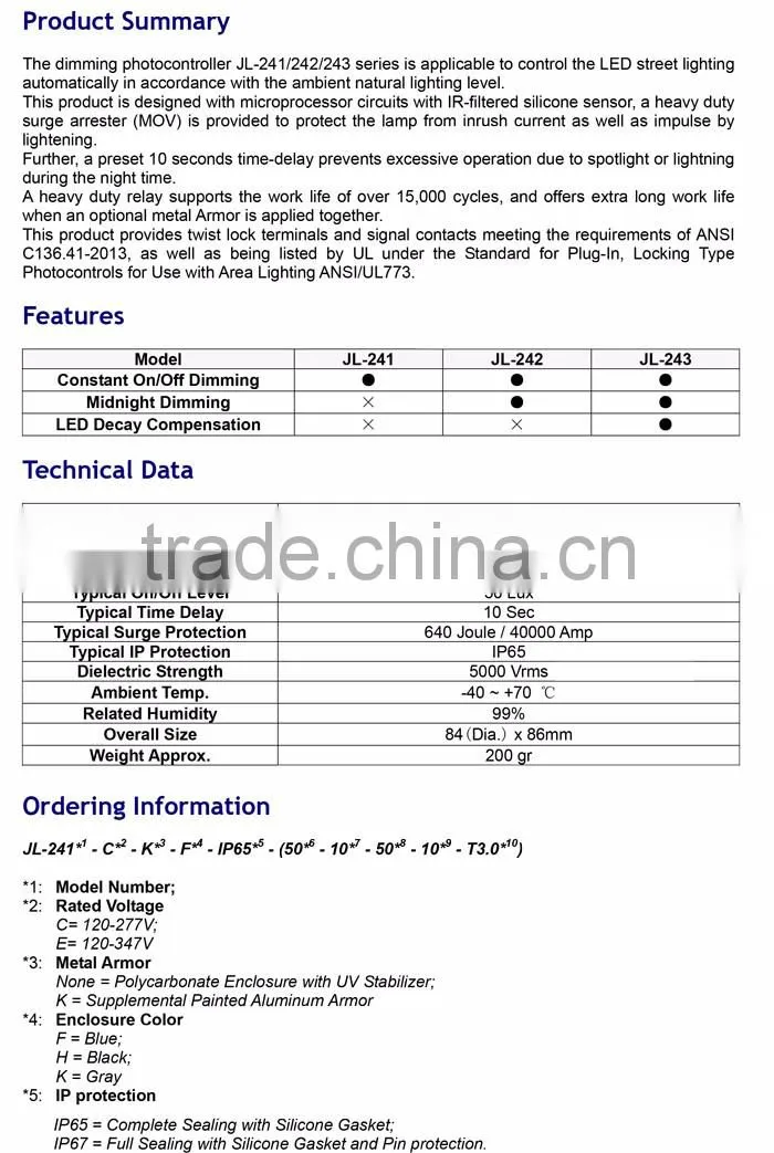 IP67 20amp Thermal Photocell Switch Twist-lock Photocontrol for led street light
