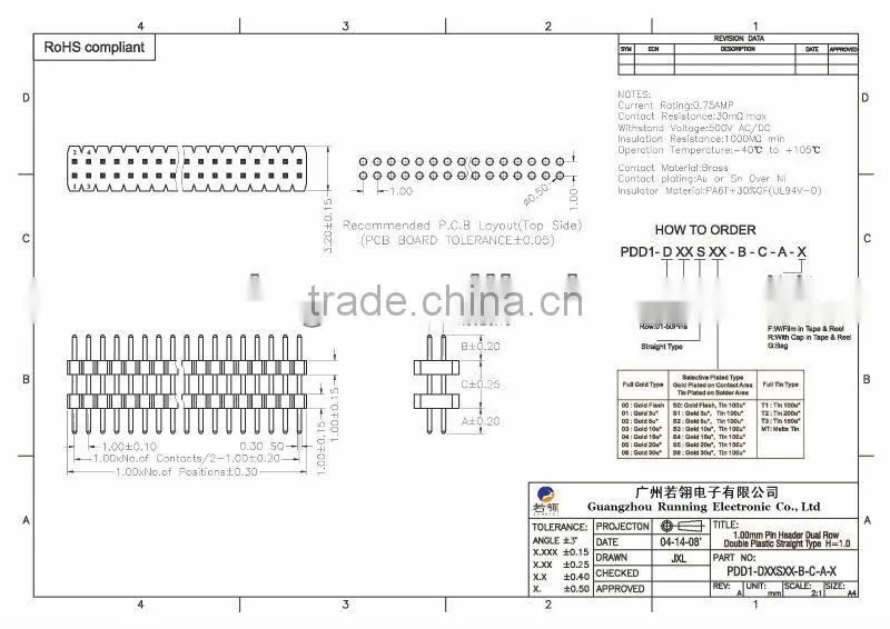 Double Row Double Insulator Straight Type Pin Header 1.0mm H=1.0