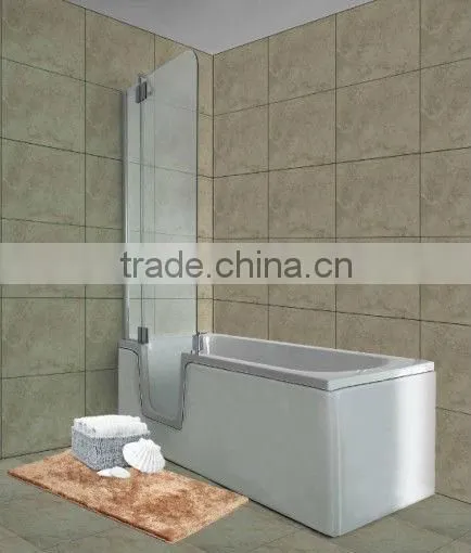 Acrylic solid surface white p shape shower bathtubs with glass panel