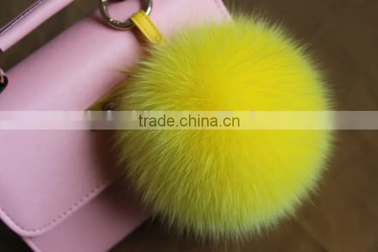 Fluffy Lovely Round 12cm Dyed Fox Fur Pompom with Keychain for Bags