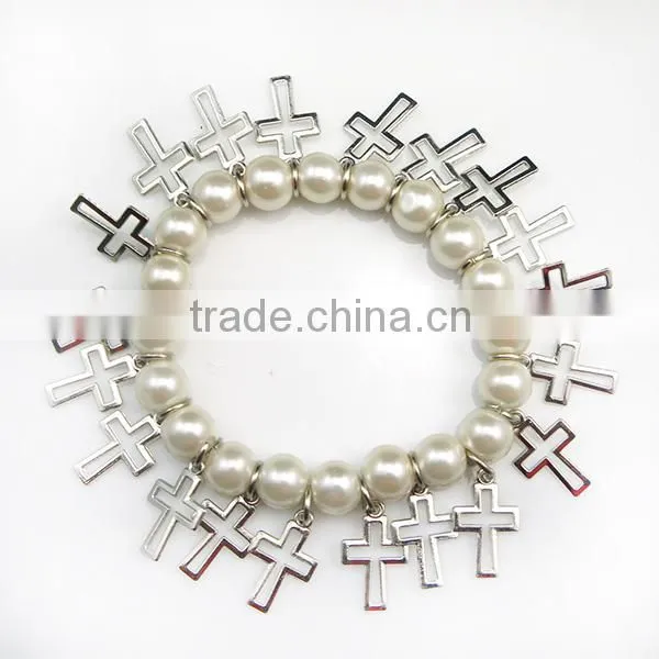 Handmade bracelet chain with 8 mm white glass beads and hollow-out cross