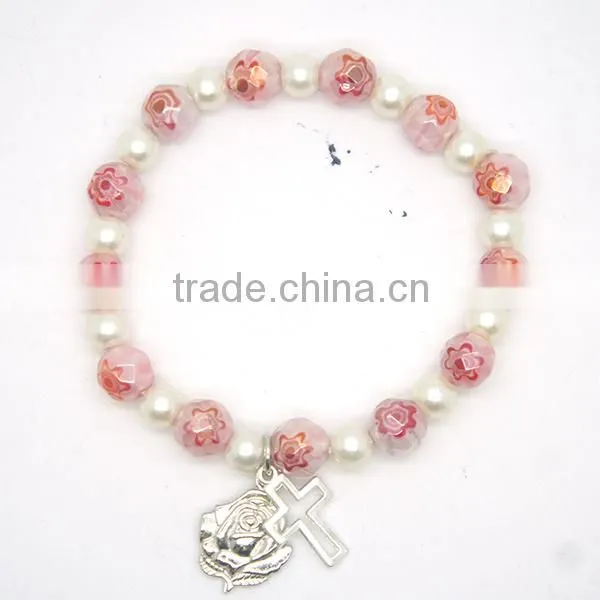 Handmade bracelet chain with 8 mm faceted round beads and hollow-out cross