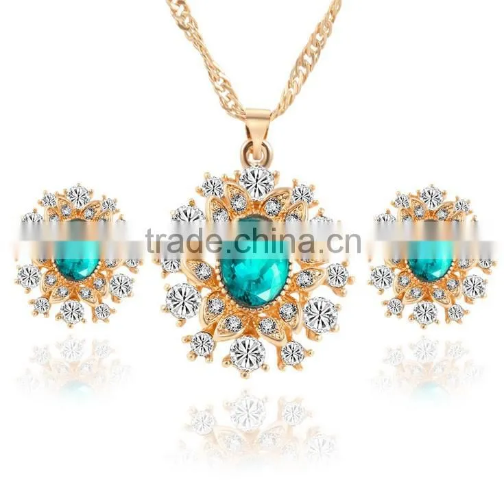 High quality big green stone korea wedding necklace and earring sets gold jewellery