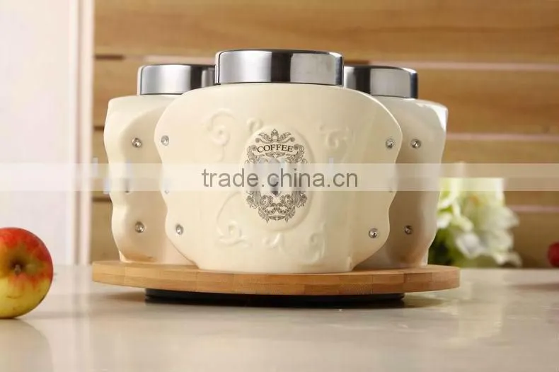 Ceramic canister set with turntable bamboo rack,ceramic food storage jar,ceramic kitchen sugar coffee tea jar