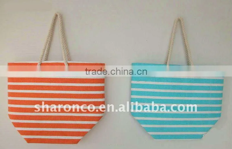 Candy strip paper straw fabric beach bag with handle
