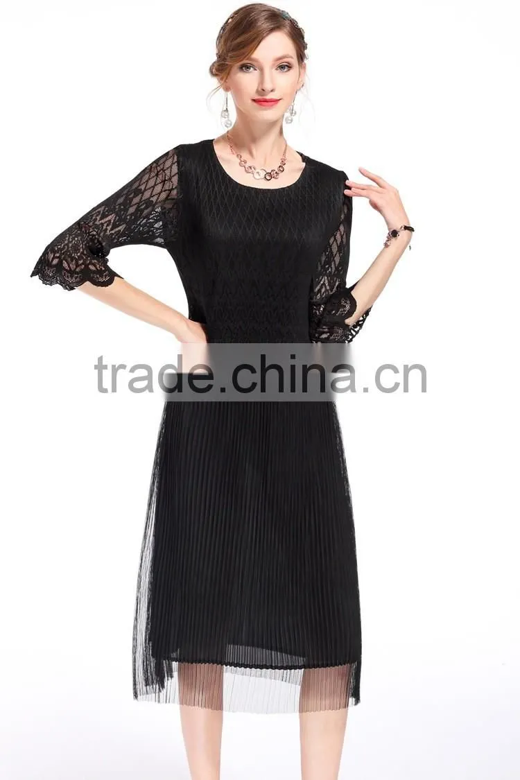 Ladies compression 3/4 transparent lace sleeve slim long dress
