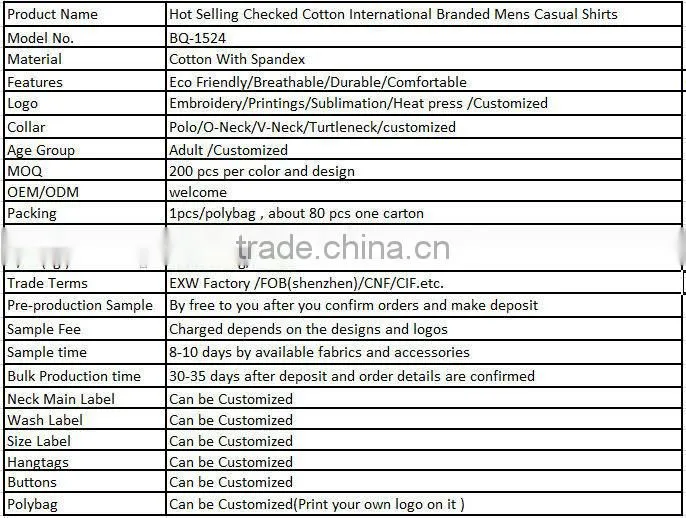 Hot Selling Checked Cotton International Branded Mens Casual Shirts