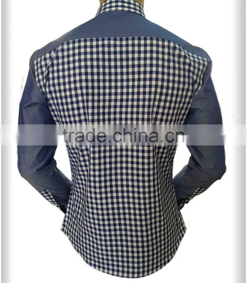 2017 latest design men' plaid cotton shirt with contrast color on placket