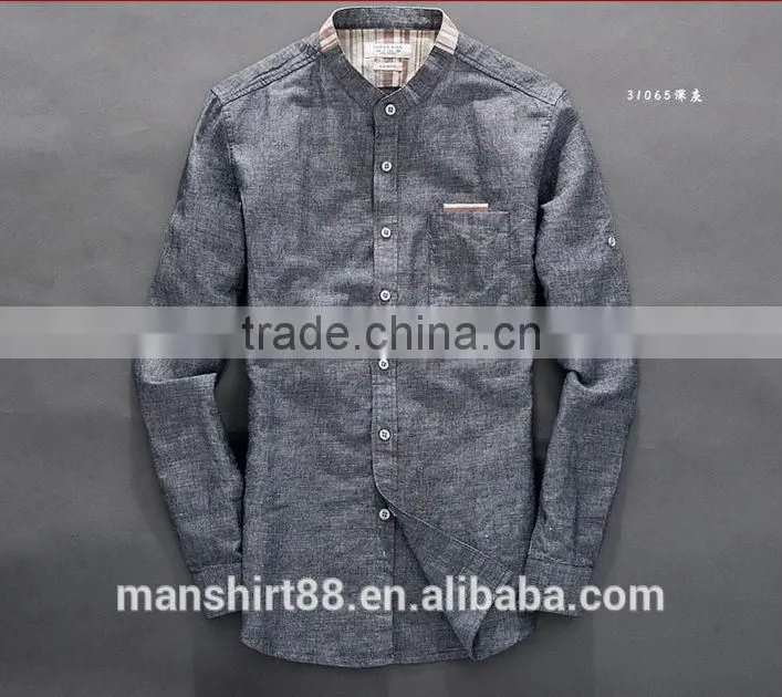 2016 new style roll up sleeve Mandarin collar linen cotton shirts for men