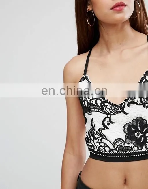 Alibaba Trending New Fashion Sexy Girls Top Design, Kendall and Kylie Paneled Long Sleeve Crop Top with Black or White Lace