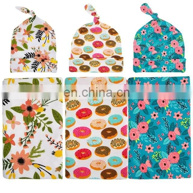 Newborn Infant Baby Cotton Floral Swaddle Blanket Hat With Receiving Blankets Set
