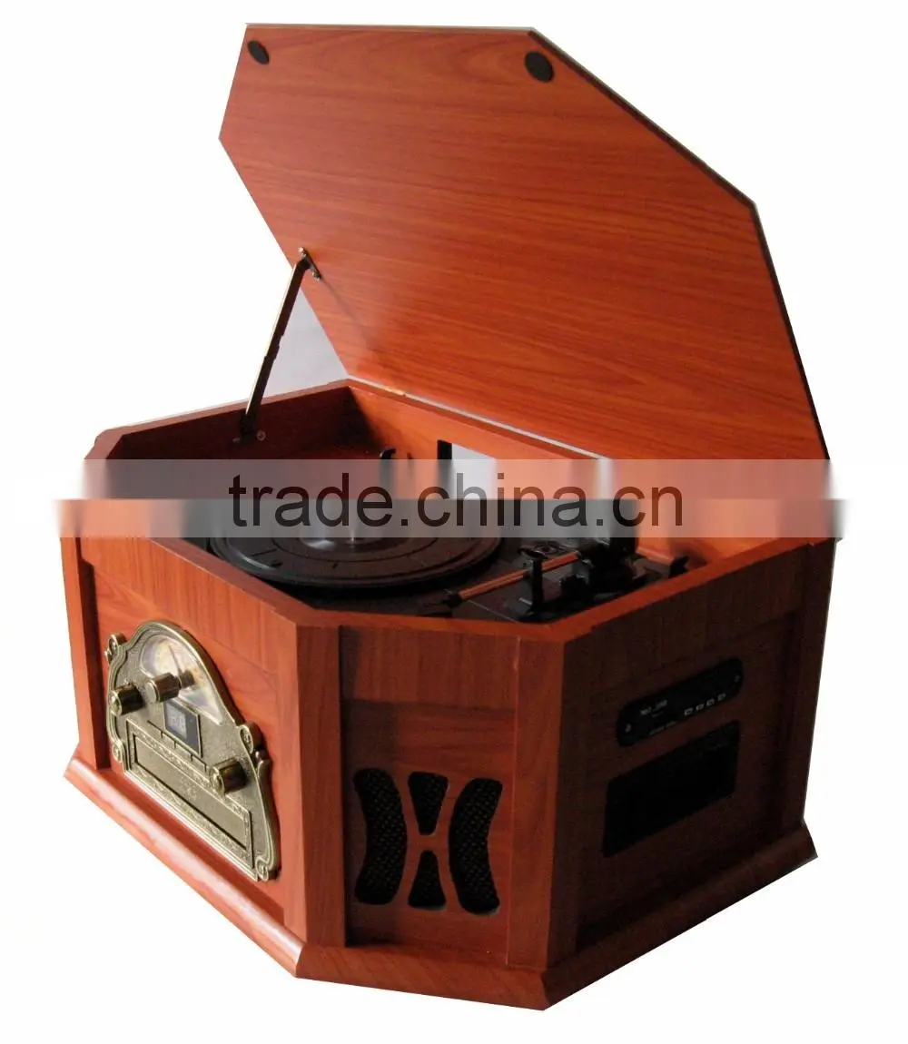 Back to 60s-Style! Wooden Gramophone&Multi Turntable&Jukebox Records with AUX Input/CD Player/AM,FM Radio/Cassette