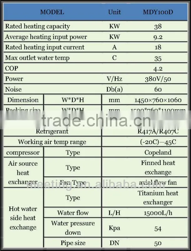 Hot water heat pump for pool spa heating 38kw