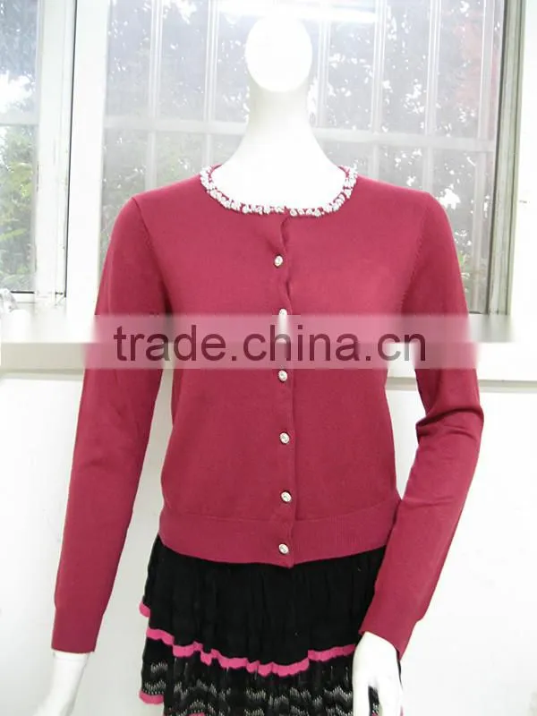 Beaded long sleeve knitted lady sweater cardigan