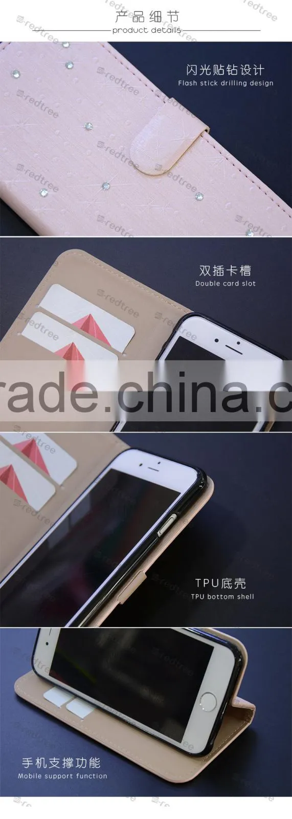 Luxury Wallet diamond leather mobile phone back cover with printing for Motorola g3