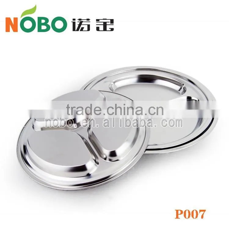 Factory supply stainless steel round food tray with 3 compartment for students