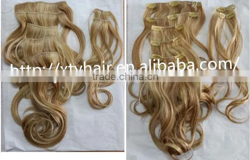 hot sale beautiful blonde color 8pc clip in extension 100% Japanese synthetic blonde curly virgin hair piece for european women