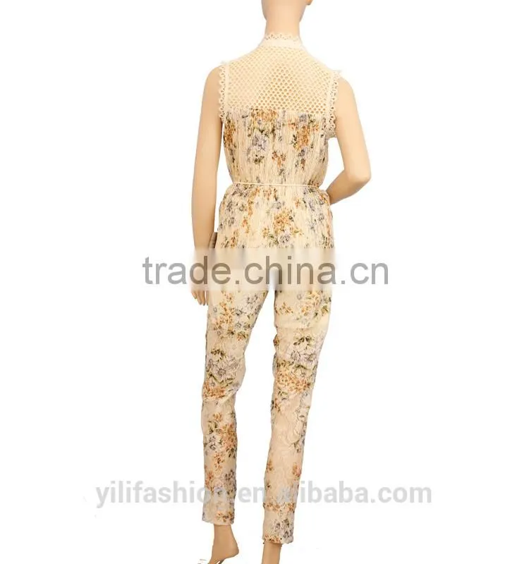 2015 hot sale floral printing suits,woman sleeveless blouse and long pants