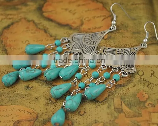 2016 Fashion New Bohemia Bead Pendant Gypsy Style Turquoise Tassel Long Dangle Earrings