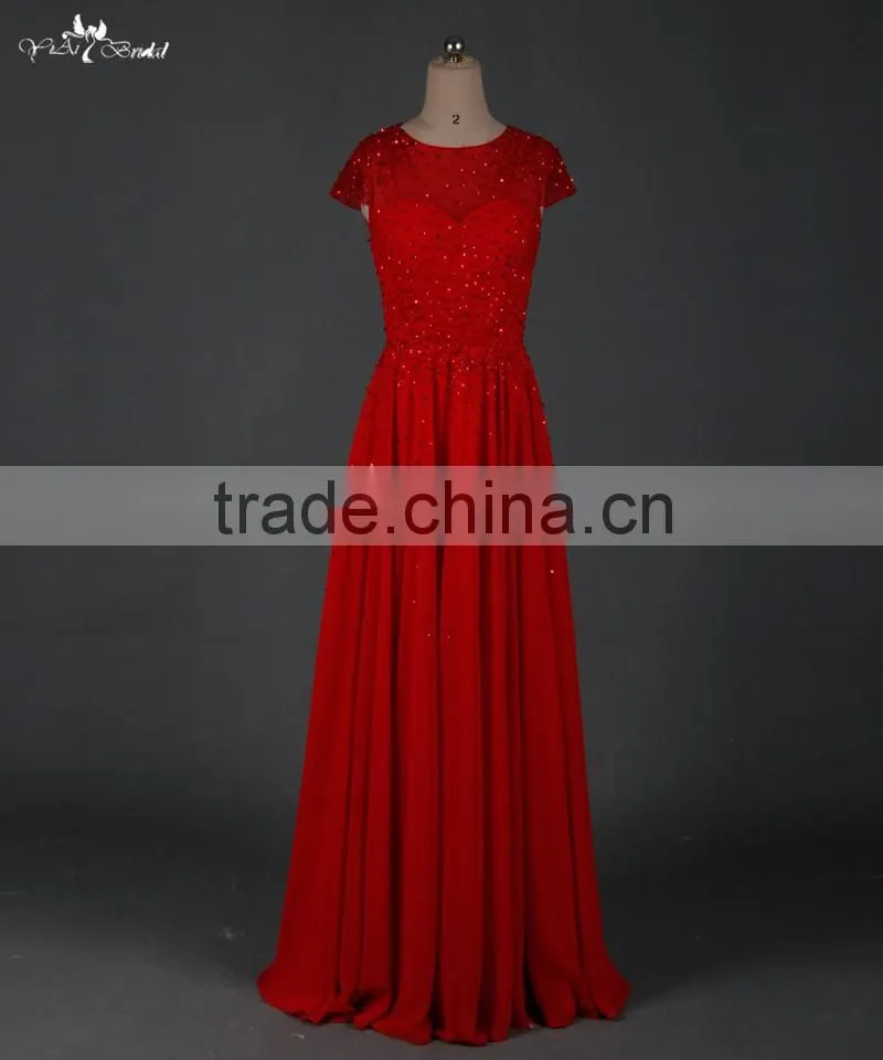 RSE666 Cap Sleeve Flowing Chiffon Free Shipping Custom-Made Long Red Prom Dresses