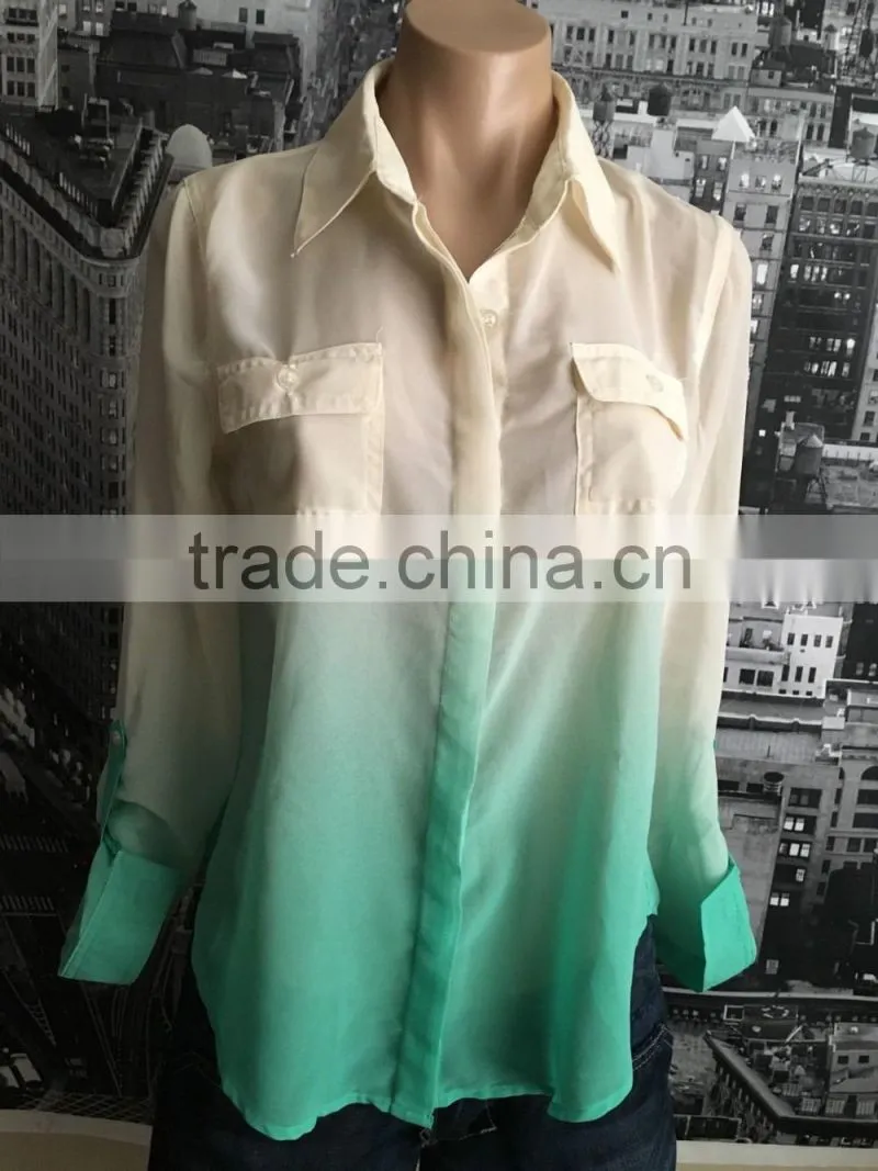 Womens Ombre Chiffon Button Down Shirt Top Long Sleeve Loose Casual Blouse