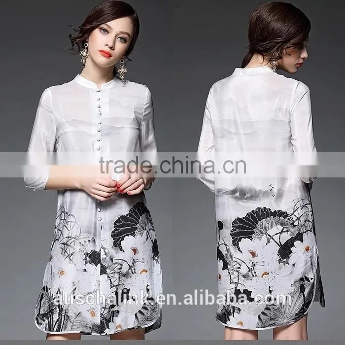 2016 newest summer woman white long chinese silk shirts OEM service