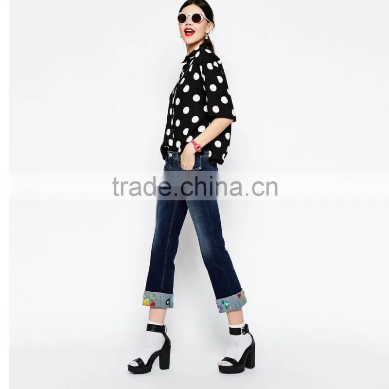 ladies denim jeans trouser bottom with embroidery pattern