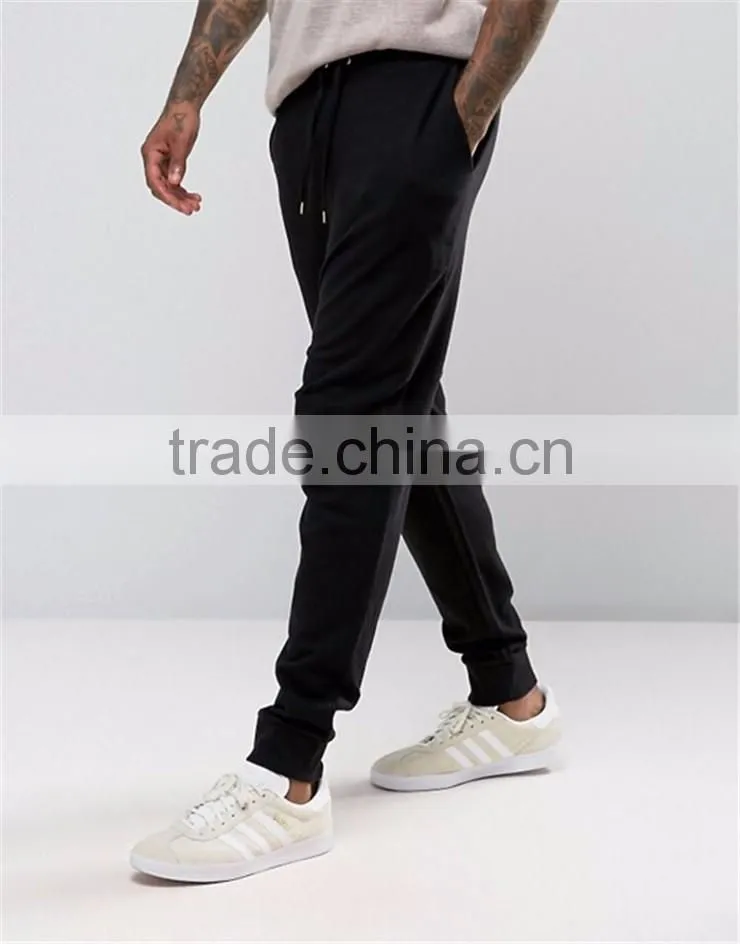 Plain Black 100 Cotton Men Drawstring Drop Crotch Joggers With Side Pockets Sport Pants