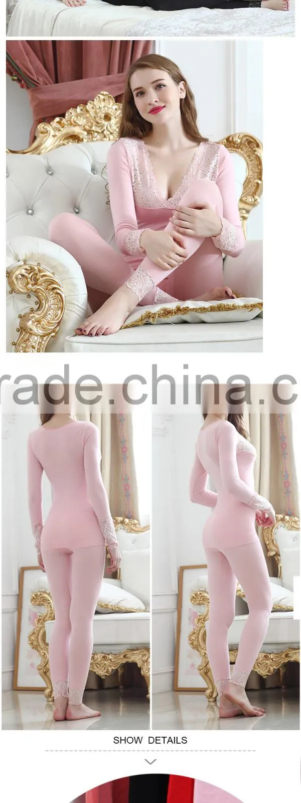 Hsz-TU004 V-neck Cotton Lace Top Ladies Sexy Slim Top Hot Sale Breathable Long Thermal Underwear
