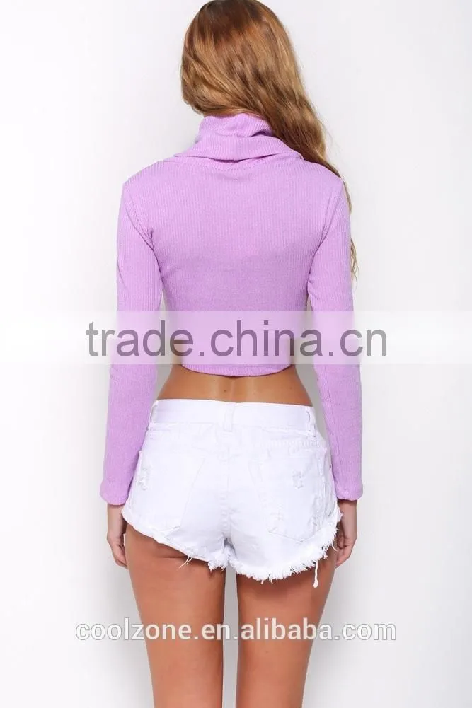 2015 New arrival turtle neck design sexy crop top/knitted sweatshirt for women