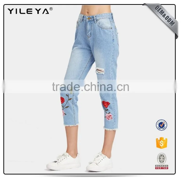 2017 fashion slim fit straight leg high waisted embroidered denim pants casual women's jeans