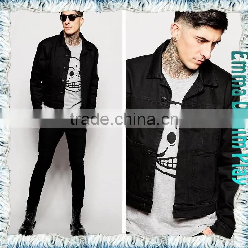 2016 Fashion Mens Long Sleeves Black Cotton Cropped Jean Denim Jackets Wholesale