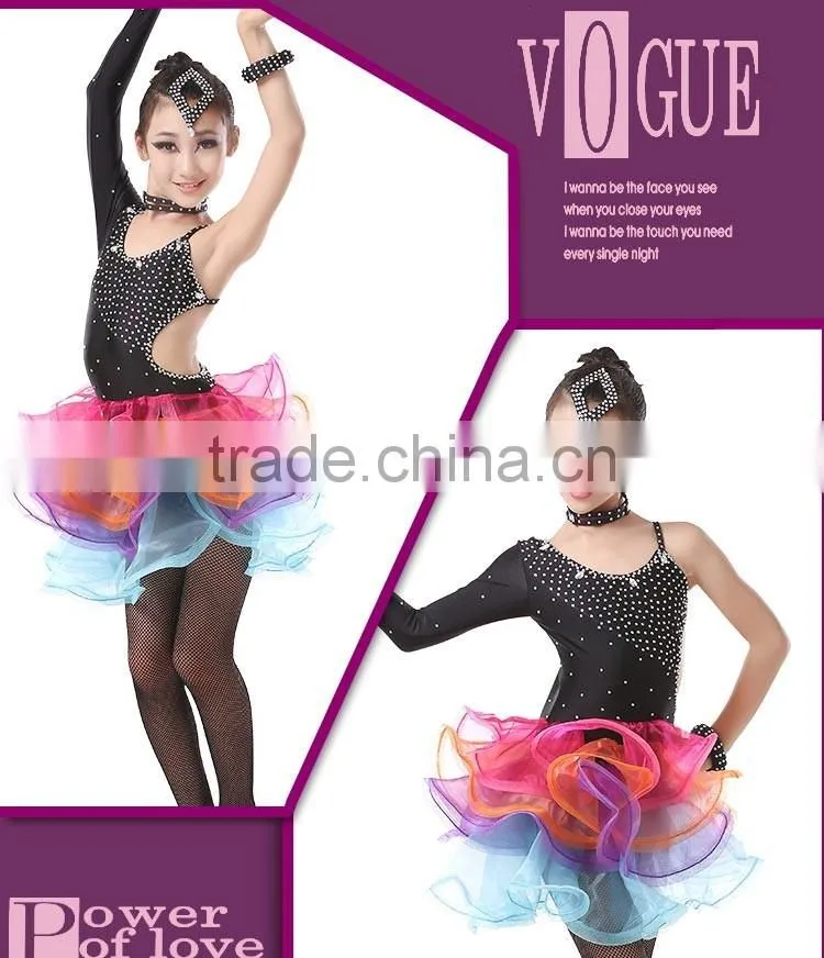 Girls Salsa Latin Performance Dresses Child Unequal Dance Dress Kids Fluorescent Rainbow Colored Ballroom Dresses