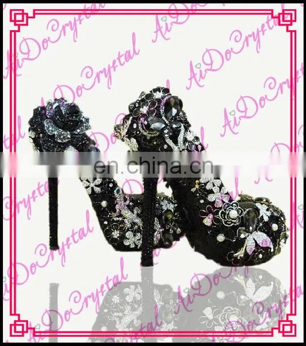 Aidocrystal black rhinestone Peacock Decoration luxury brand shoes,eveing party prom hgih heels