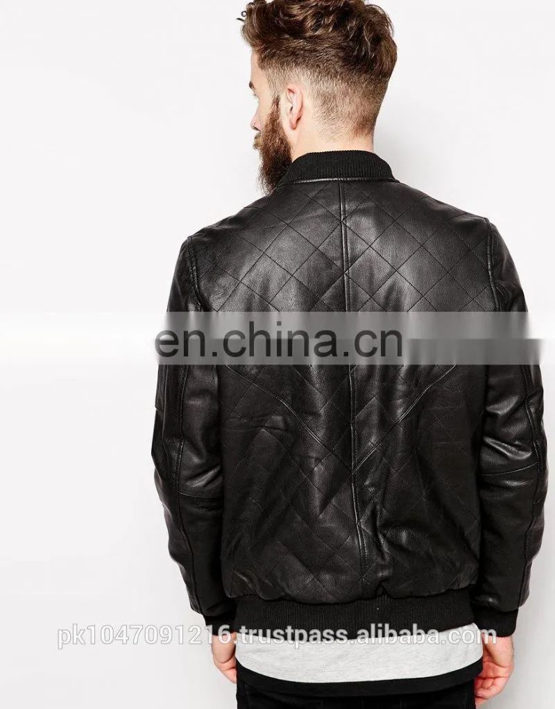 New 2014 Men Leather Jacket / Genuine Leather Jacket / Sheepskin Leather Quilted Bomber