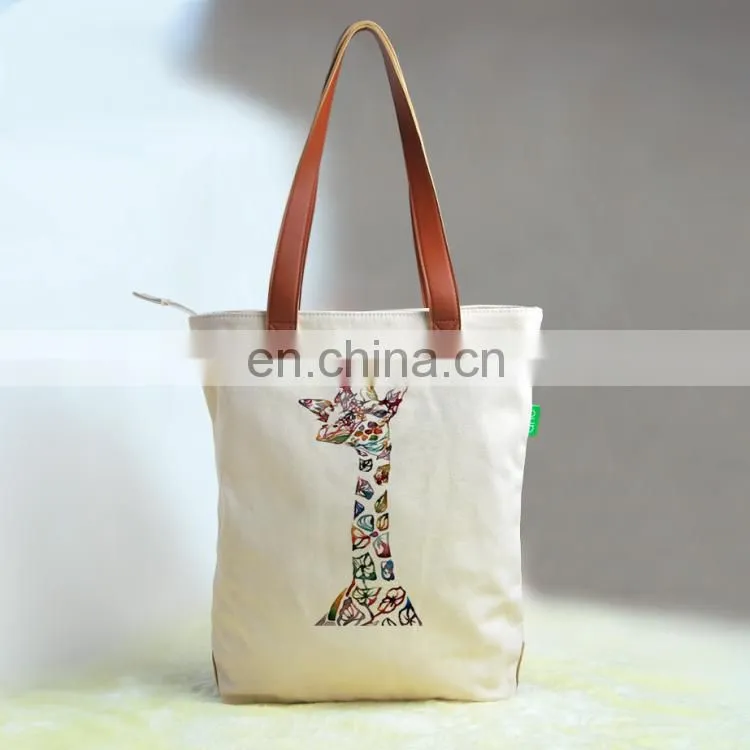 1 pcs Custom printed 16oz cotton canvas tote bag lether handles